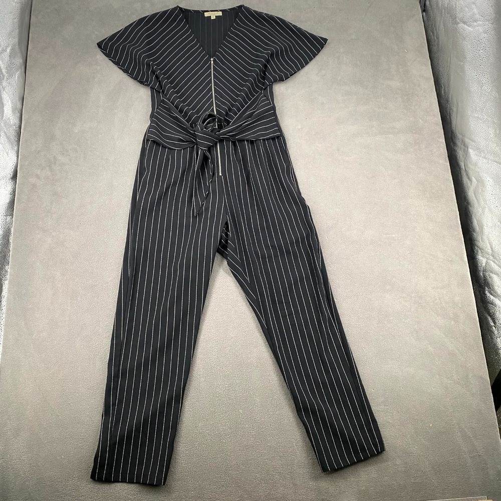 Polagram Jumpsuit Womens Small Black Striped Cap Sleeve Front Zip Sash Tie Belt